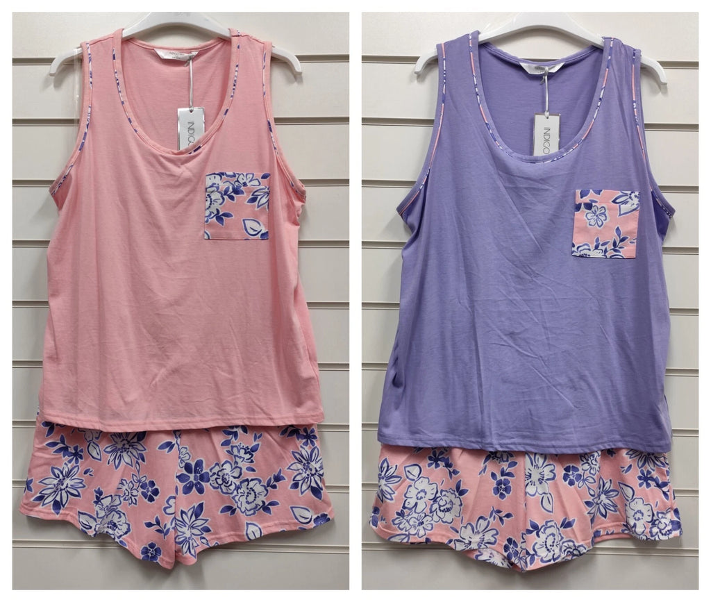 INDIGO SKY LADIES 100% COTTON JERSEY SLEEVELESS SHORT SET PYJAMA UK SIZES 10-20