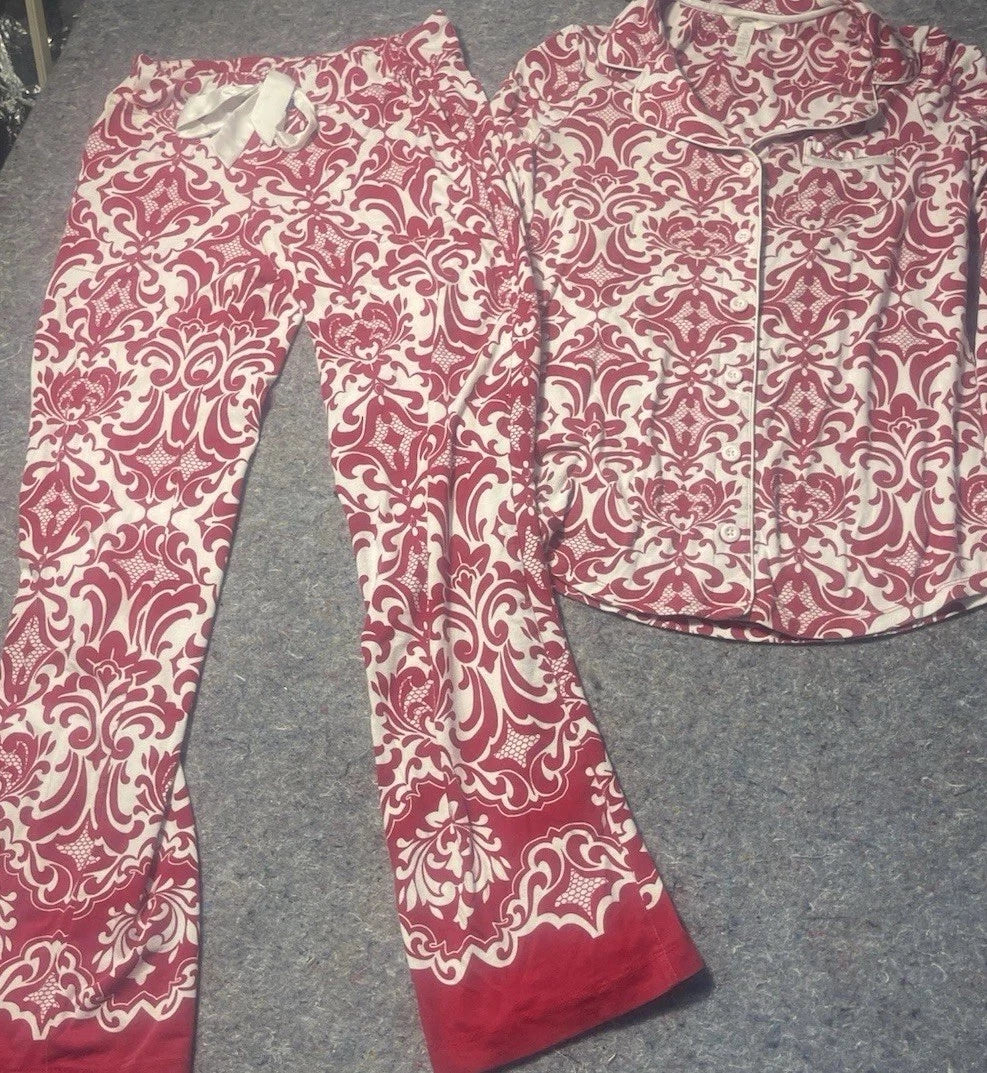 Soma Cool Nights Pajama Set Red Damask Baroque Print XS