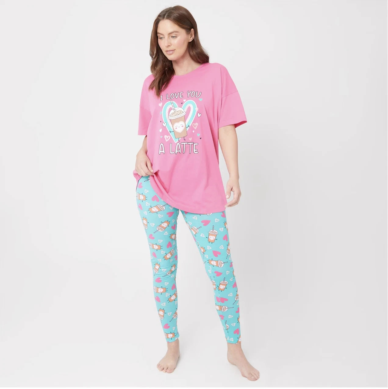 Ladies I LOVE YOU A LATTE PYJAMAS Set T Shirt & Long Pants Top PJS UK 12-14