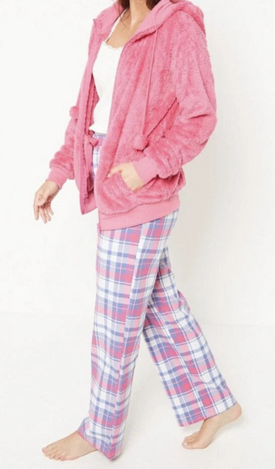 New Womens 3-Piece Check Pom Pom Hooded Pyjama Set Snuggle Set Pink UK 8/10