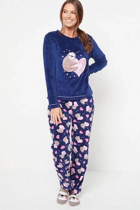 Ladies Womens SUPERSOFT FLEECE Pyjamas and Matching Socks Cosy PJ SET UK 8-26