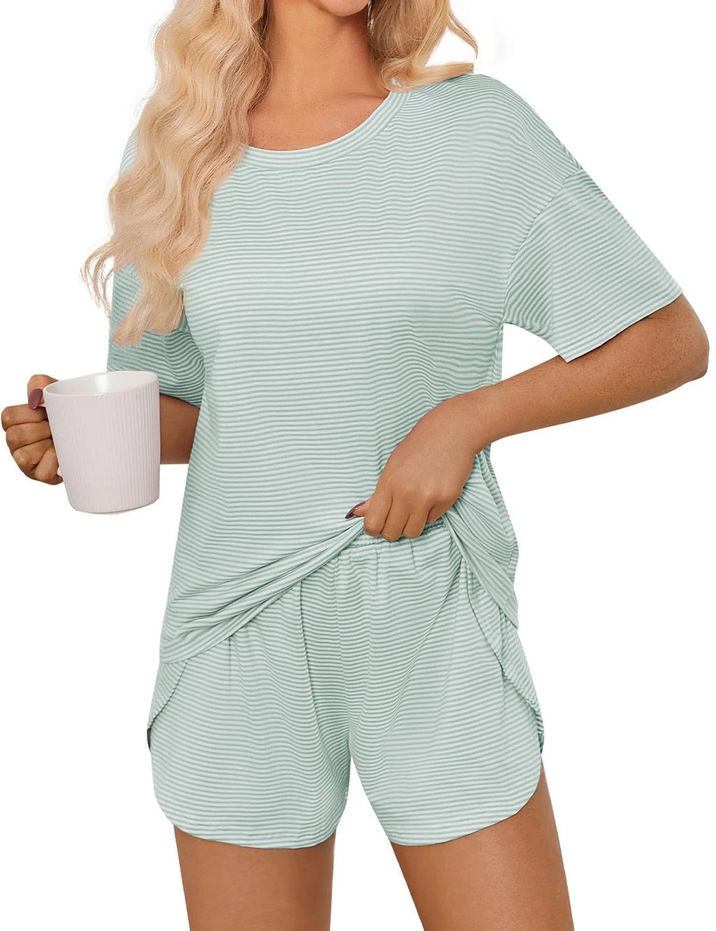 Womens Summer Pajama Sets Striped Print Short Sleeve Pajamas for Women Split ...