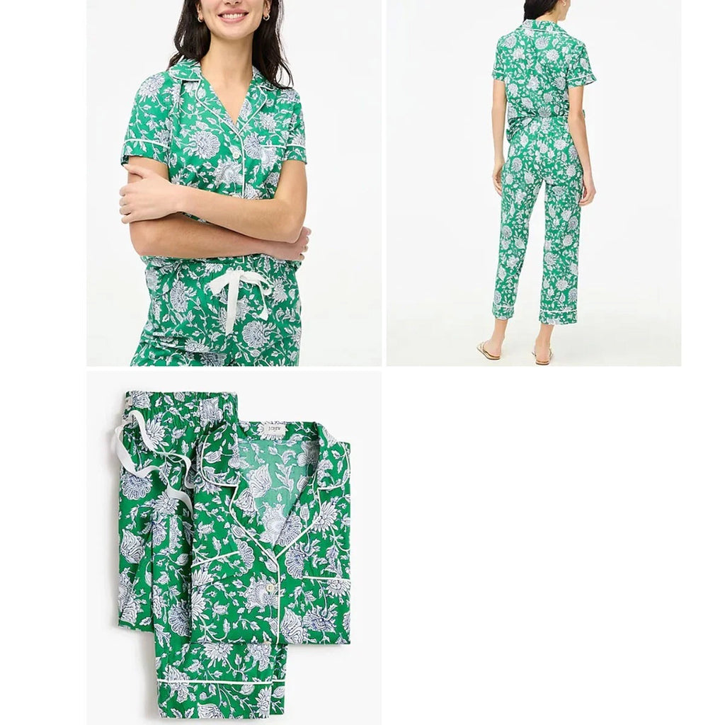 J Crew NWT $118 Green Floral Short-Sleeve Cotton Pajama Set Sz M | Cropped Pant