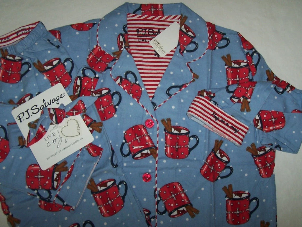 NWT PJ Salvage Blue/Red HOT COCOA Flannel Pajama/Lounge Set L HUG IN A MUG