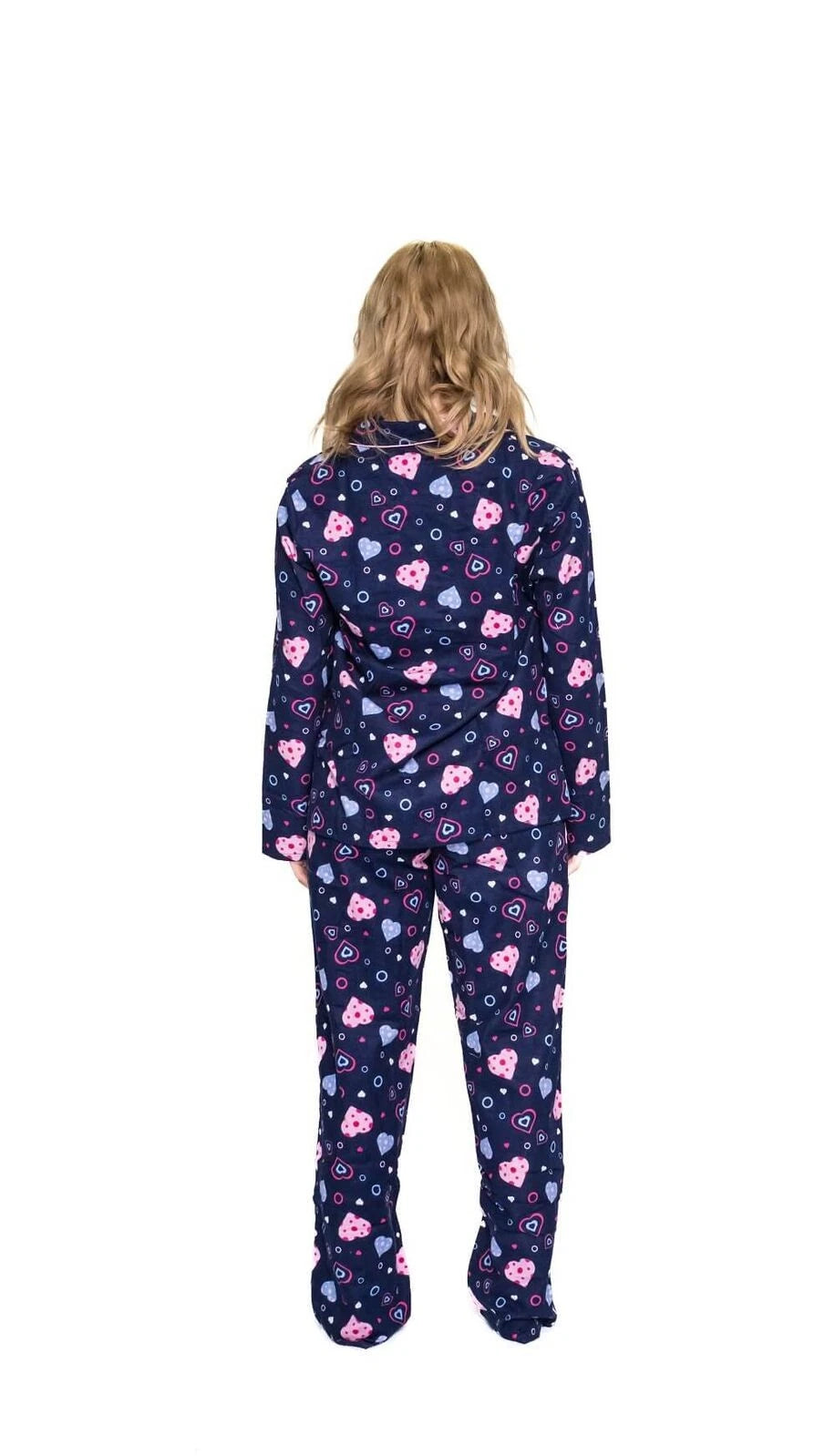 Womens Navy Hearts Long Sleeve Winter Cotton Flannel Long Pyjama Set