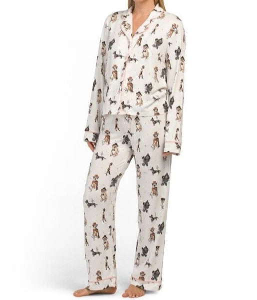 NWT PJ Salvage Ivory/Pink CURIOUS DOGS in HATS/GLASSES Peachy Knit Pajama Set S