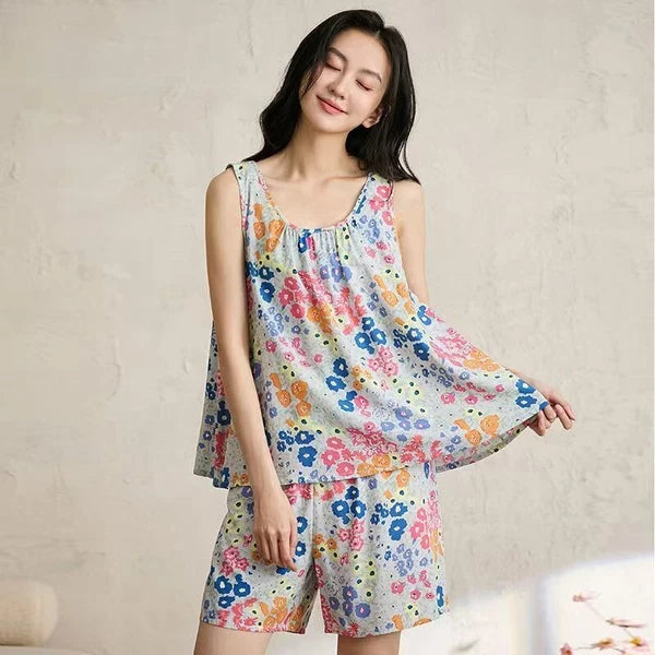 Women's Sleepwear New Cotton Loose Vest Shorts Thin Home Set 2pcs