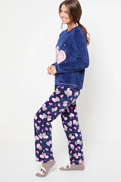 Ladies Womens SUPERSOFT FLEECE Pyjamas and Matching Socks Cosy PJ SET UK 8-26