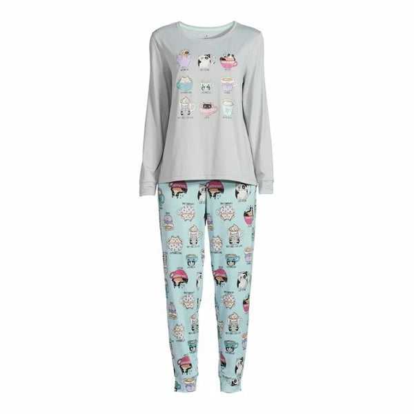 COFFEE CATS LONG SLEEVE JOGGER SECRET TREASURES GRAY BLUE PANTS PAJAMAS SET 3X