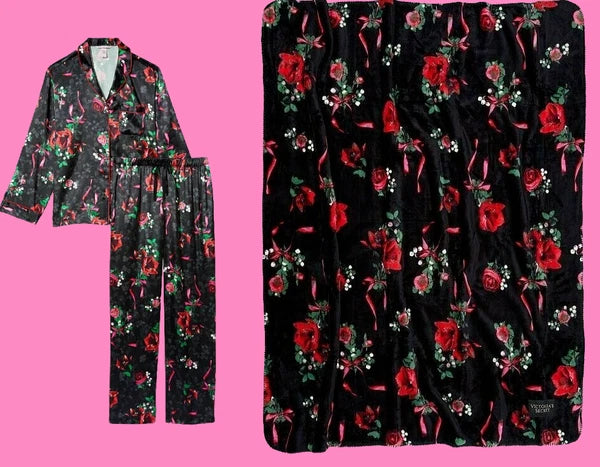 3pc VICTORIA'S SECRET Satin Long Pajama Set&Blanket Floral Rose Black S, M NWT
