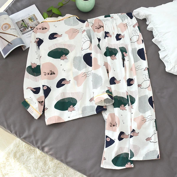 Women Pajamas Set 100% Cotton Printed Sleepwear Casual Nightwear Home Wear