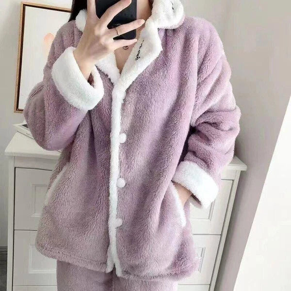 Women's Warm Cartoon Pajama Suit Two Piece Set Shawl Collar Coat Loose Fit Pants