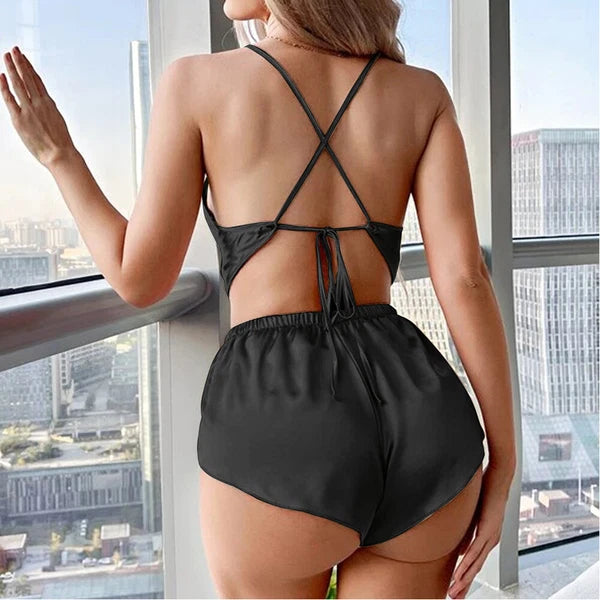 Womens Sexy-Lingerie Sleepwear Satin Silk Babydoll Lace Nightwear Pajamas Set