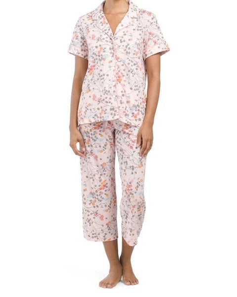 NWT Natori PINK ROSE FLORAL Soft Knit Cropped Pajama/Lounge Set L Gray POCKETS