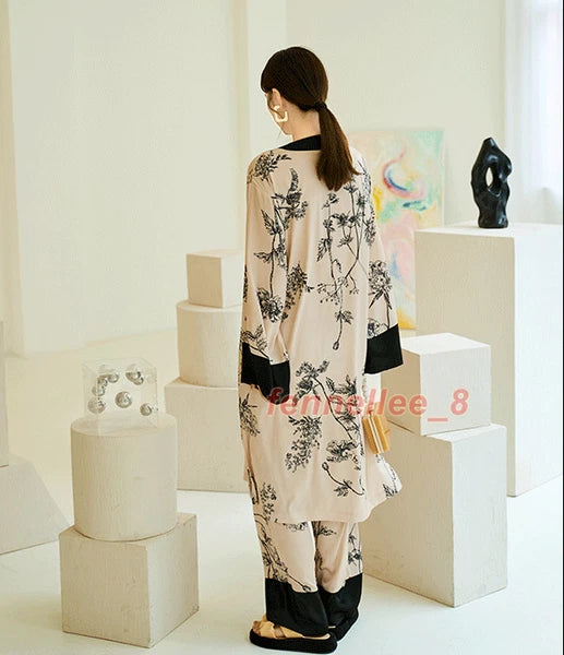Women 2PC Ice Silk Printed Kimono Coat Pant Chinese Nightgown Pajamas Loungewear