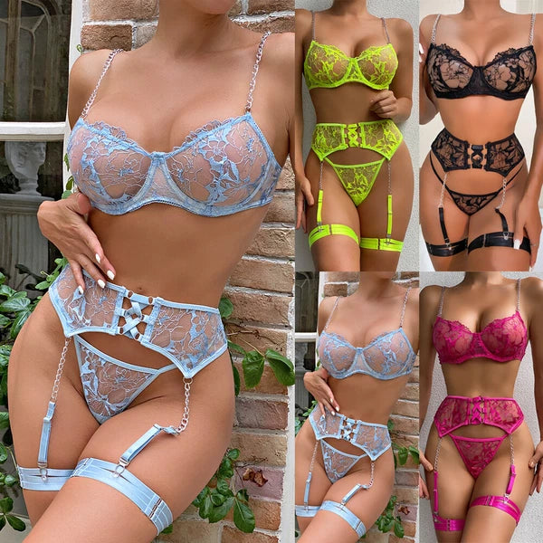 Sexy Womens Lingerie Lace Bra Thong Suspender Nightwear Sleepwear Underwear Sets