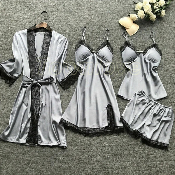 New Women Sexy Silk Satin Pajama Set Lace Sleepwear Home Wear Nightwear Set