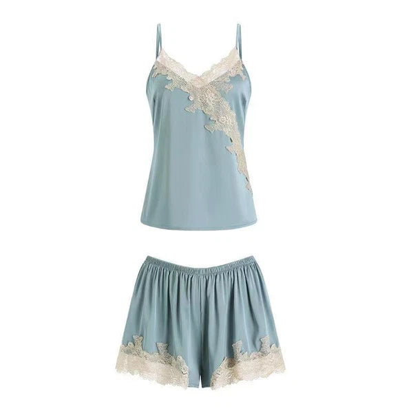 Women Sexy Pyjamas Summer Ice Silk Suspenders Shirt with Shorts Lady Sleepwear