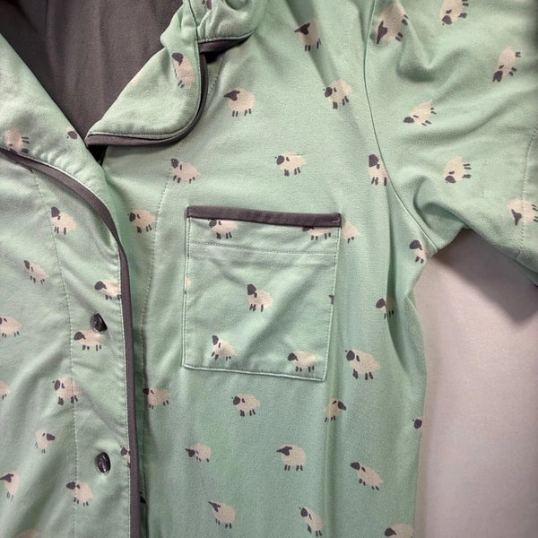 MUNKI MUNKI Women’s Pajama Set Mint Green Sheep Print Short Sleeve Top Pants XS