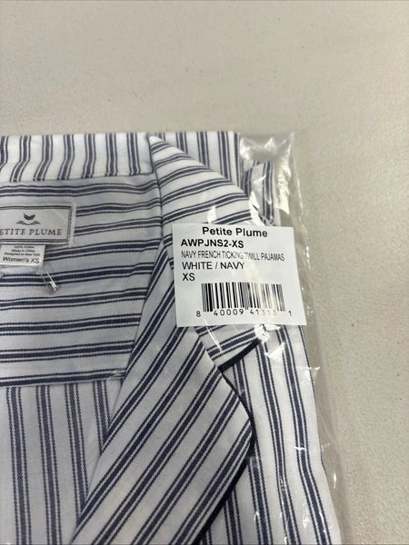 Petite Plume Women's Twill Pajama Set in Navy French Ticking NWT XSMALL MSRP $94