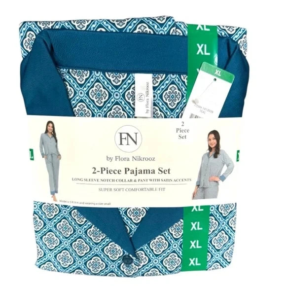 Flora Nikrooz Teal and White Pajama Set Satin Accents 2 Piece
