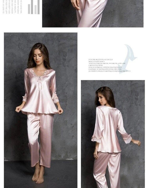 Women's Faux Silk Sexy Lace Silk Pajamas Silk Pajamas Set Home Sleepwear 2pcs