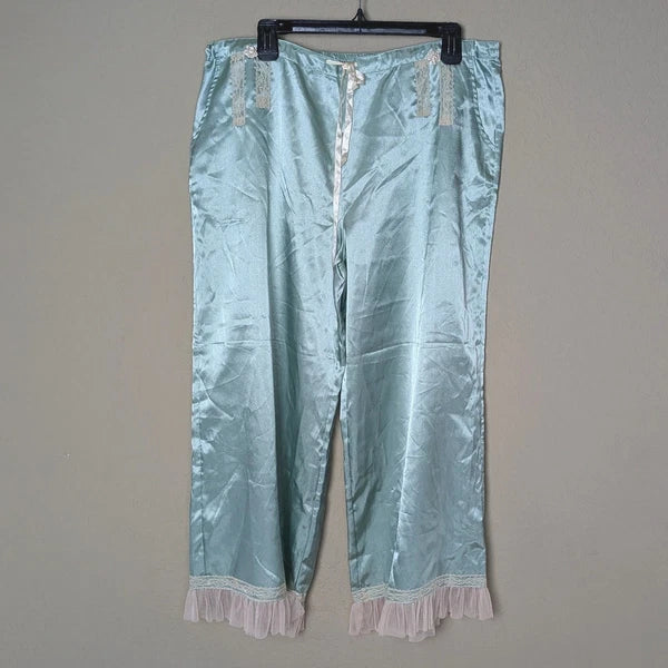 Kenzie Satin Pajama Set 2 Piece Cami & Cropped Pants Mint Green Lace Trim Size L