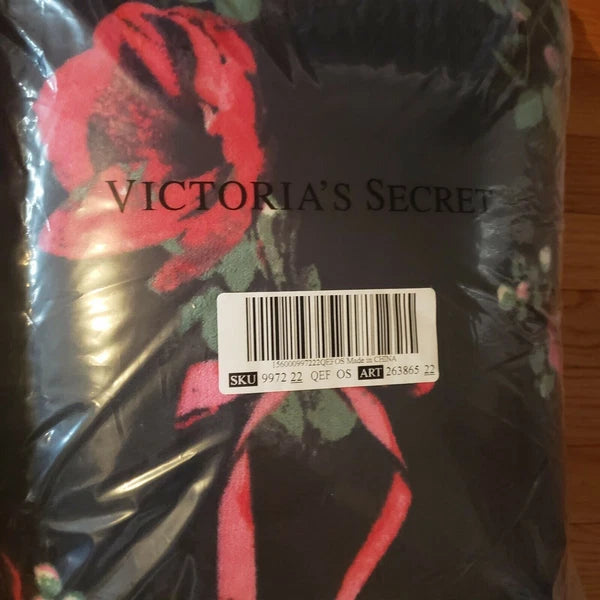 3pc VICTORIA'S SECRET Satin Long Pajama Set&Blanket Floral Rose Black S, M NWT