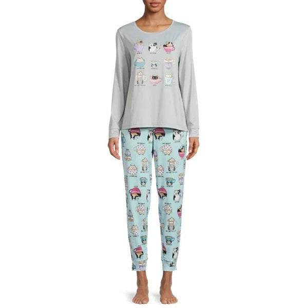 COFFEE CATS LONG SLEEVE JOGGER SECRET TREASURES GRAY BLUE PANTS PAJAMAS SET 3X