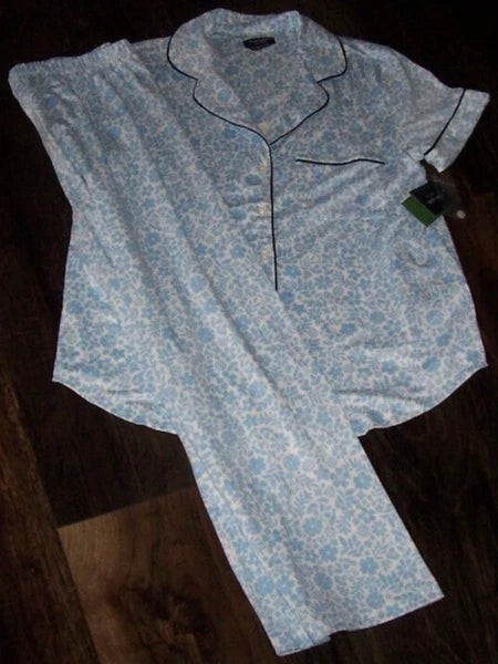 NWT Kate Spade WHITE/BLUE DITSY FLORAL Soft Knit Cropped Pajama Set L NAVY TRIM