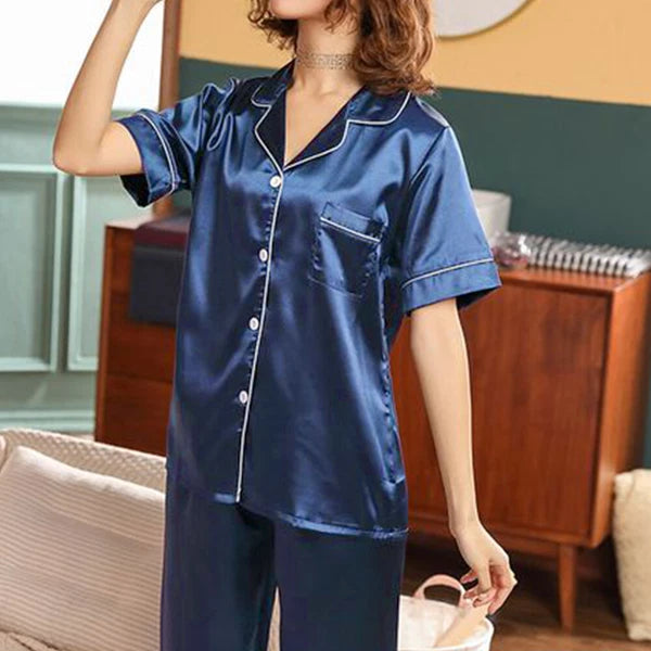 Womens Ladies Silk Satin Pyjamas Short Sleeve Tops Long Pants Soft Nightwear Set