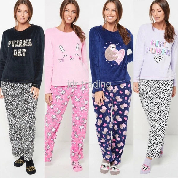 Ladies Womens SUPERSOFT FLEECE Pyjamas and Matching Socks Cosy PJ SET UK 8-26