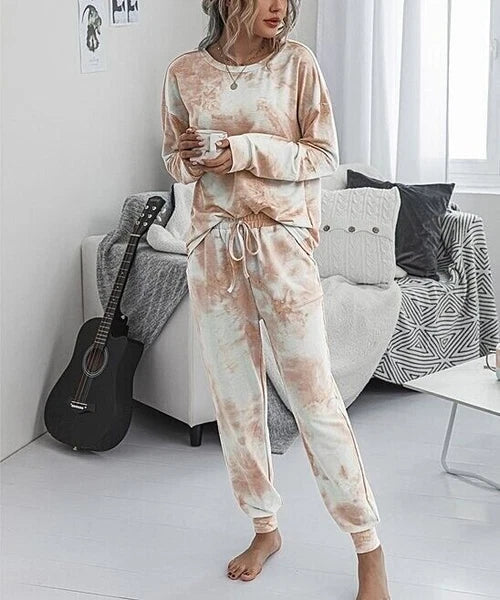 XL NWOT Women's Romantic Hut Salmon Tie Dye Jogger & LS Crew Neck Top Lounge SET