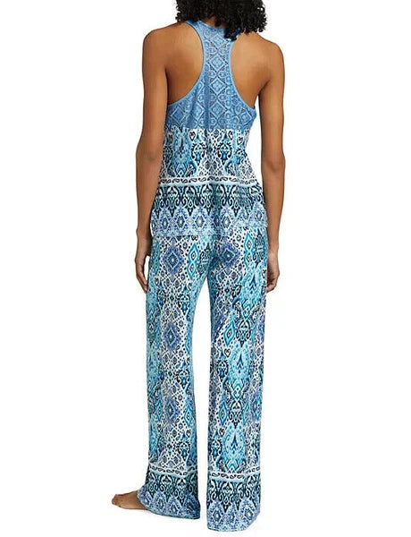 NWT In Bloom by Jonquil NAVY/AQUA/BLUE/WHITE IKAT Knit Pajama Set XS LACY Trim