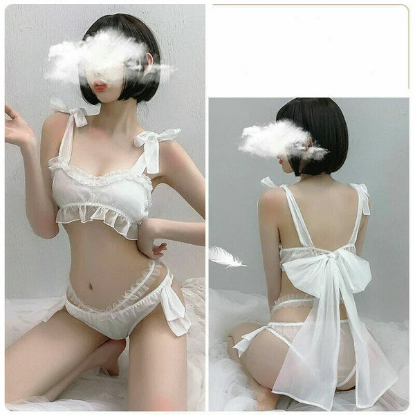 Women Sexy Lingerie Set Lolita Sleepwear Pajama Kawaii Maid Ruffle Suit