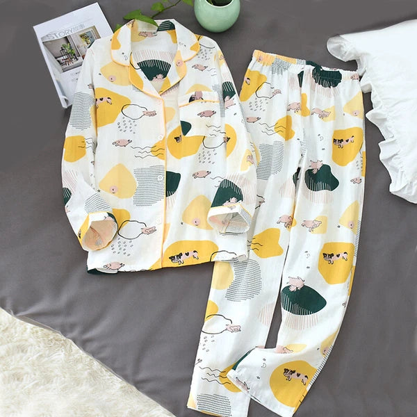 Women Pajamas Set 100% Cotton Printed Sleepwear Casual Nightwear Home Wear