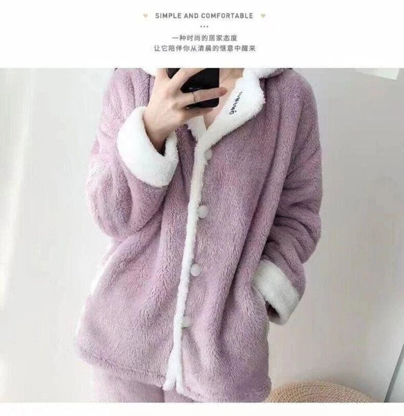 Women's Warm Cartoon Pajama Suit Two Piece Set Shawl Collar Coat Loose Fit Pants