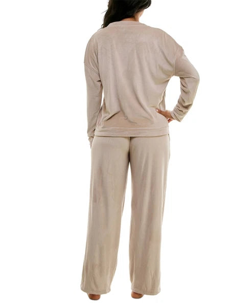 Roudelain Women's Long-Sleeve Ribbed Velour Pajama Set, Beige, Size L 0106