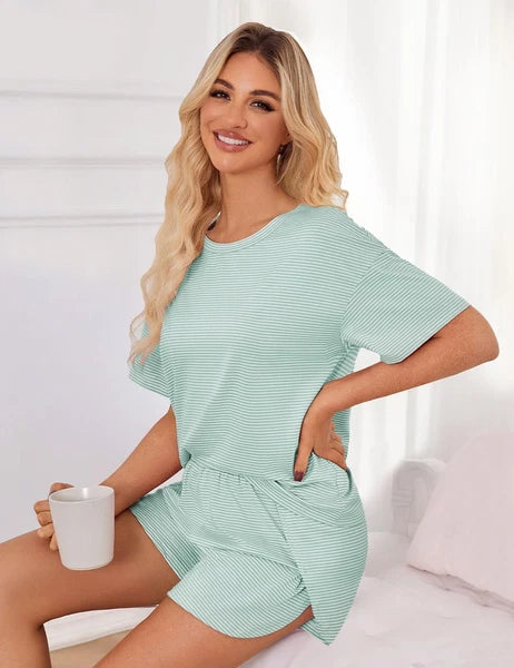 Womens Summer Pajama Sets Striped Print Short Sleeve Pajamas for Women Split ...