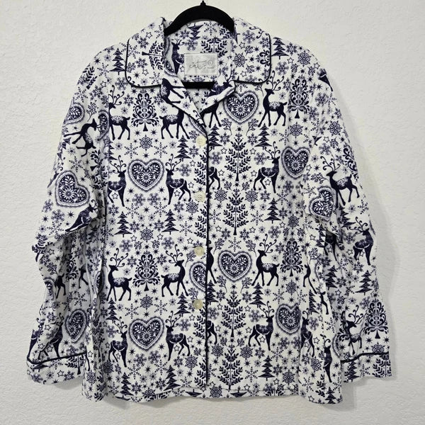 The Cats Pajamas Reindeer PJ Set Womens White Blue Holiday Christmas Loungewear