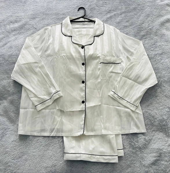 New Women’s Plus Size 5XL White Satin Pyjamas Pjs Sleepwear Set Black Trim