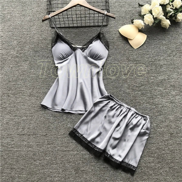 New Women Sexy Silk Satin Pajama Set Lace Sleepwear Home Wear Nightwear Set
