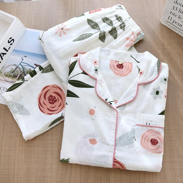 Women Pajamas Set 100% Cotton Printed Sleepwear Casual Nightwear Home Wear