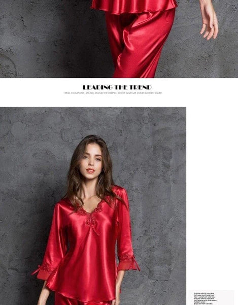 Women's Faux Silk Sexy Lace Silk Pajamas Silk Pajamas Set Home Sleepwear 2pcs
