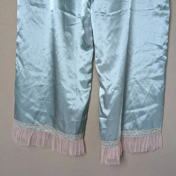 Kenzie Satin Pajama Set 2 Piece Cami & Cropped Pants Mint Green Lace Trim Size L