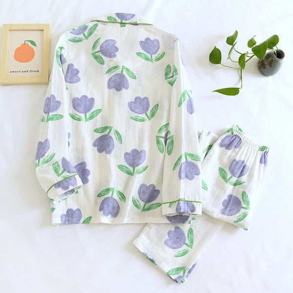 Women Pajamas Set 100% Cotton Printed Sleepwear Casual Nightwear Home Wear