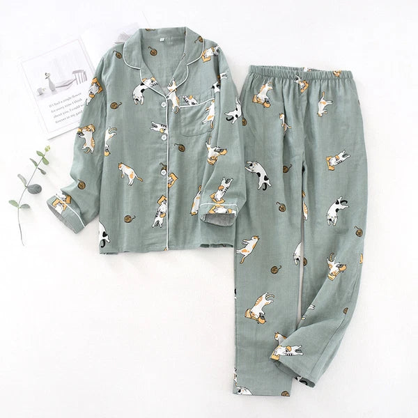 Women Pajamas Set 100% Cotton Printed Sleepwear Casual Nightwear Home Wear