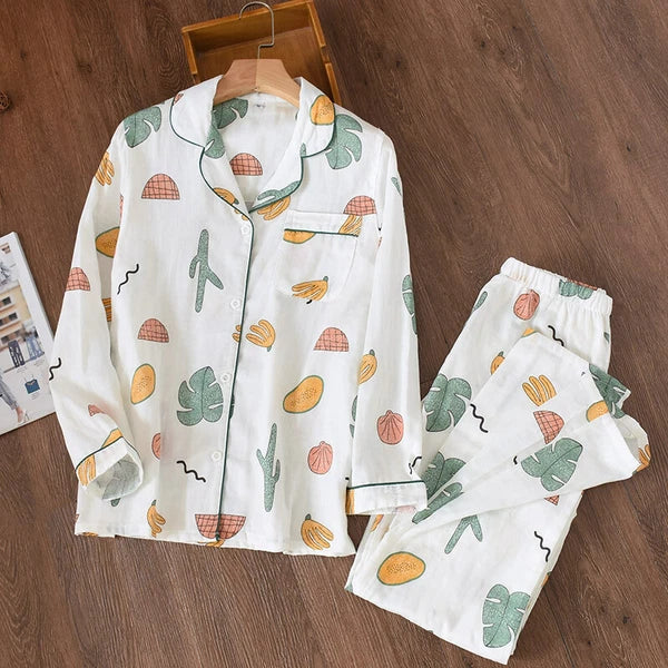 Women Pajamas Set 100% Cotton Printed Sleepwear Casual Nightwear Home Wear