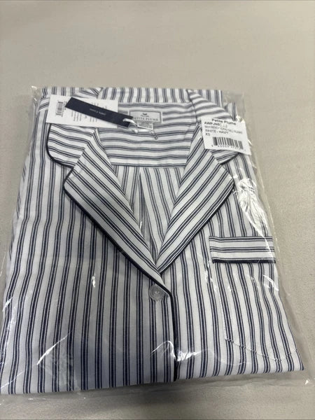 Petite Plume Women's Twill Pajama Set in Navy French Ticking NWT XSMALL MSRP $94