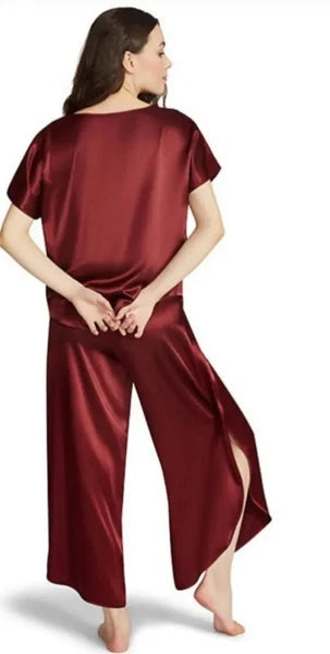 NWT BB Dakota Women's Satin 2-Piece Short Sleeve & Pant Lounge Set Burgundy Sml